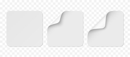 Vector white realistic square paper stickers with white corner isolated on transparent background. Set of price tags curved with soft shadows. 3D illustration for your design.のイラスト素材