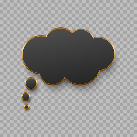 Vector black blank speech bubble with golden edge on dark background. Realistic 3d illustration. Cloud shape. Template for your design.のイラスト素材