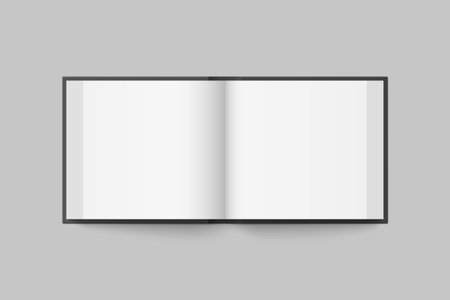 Vector mockup of hardcover square book spread with black cover isolated. Realistic book, brochure or booklet template opened on white background. 3d illustration.のイラスト素材