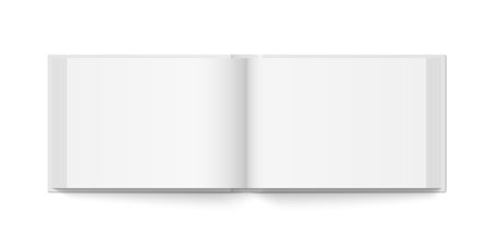 Vector mockup of hardcover horizontal book spread with white cover isolated. Realistic book, brochure or booklet template opened on white background. 3d illustration.のイラスト素材