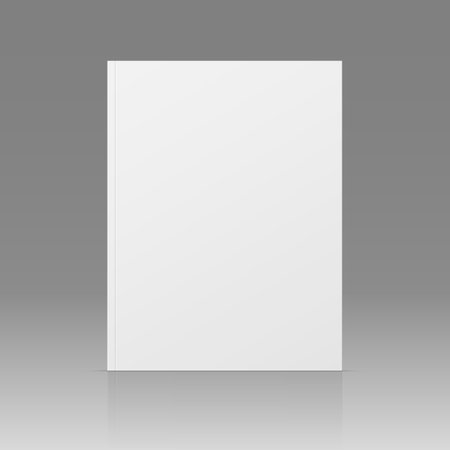 Vector realistic standing 3d magazine mockup with white blank cover isolated. Closed vertical paperback book, brochure, catalog or magazine mock up with reflection on gray gradient background.のイラスト素材