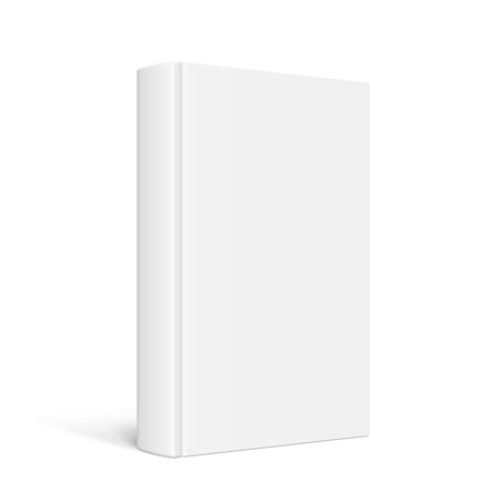 Vector mock up of standing book with white blank cover isolated. Closed vertical hardcover book, catalog or magazine mockup on white background. 3d illustration. Diminishing perspective.のイラスト素材