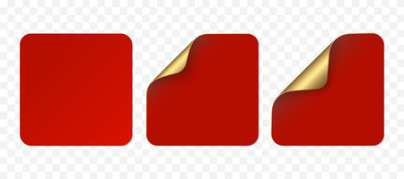 Vector red realistic paper stickers, sell tags isolated on transparent background. Set of square stickers curved with golden corner and soft shadows. 3D illustration for your design.のイラスト素材