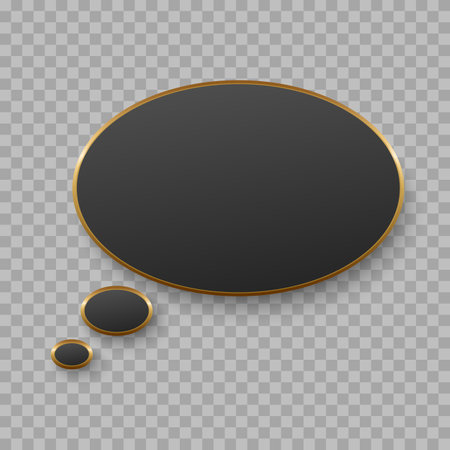 Vector black blank speech bubble with golden edge on dark background. Realistic 3d illustration. Oval shape. Template for your design.のイラスト素材