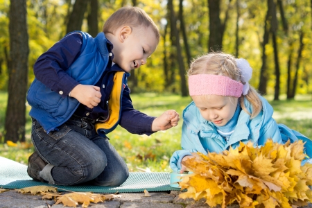 Cute young brother and sister playing in an autumn forest gathering yellow autumn leavesの写真素材