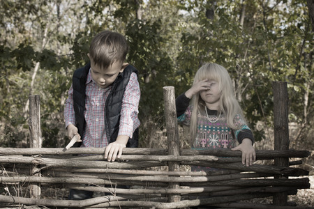 Girl and Boy Standing on Rustic Wooden Fence Outdoorsの写真素材