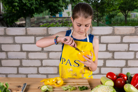 Young girl cleaning out a sweet pepper removing the pith with a paring knife as she prepares an assortment of fresh vegetablesの写真素材