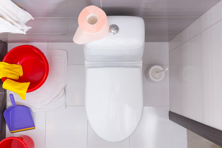 Overhead view of a toilet with a colorful array of assorted household cleaning products and a roll of soft pink toilet paperの写真素材