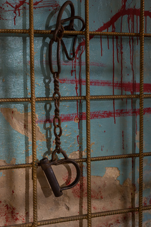 Shackles hanging from chains on prison bar for concept about torture or scary Halloween themeの写真素材