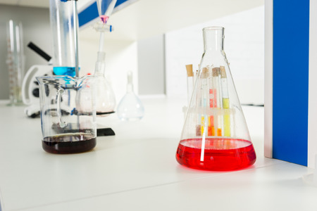 Chemical analysis glassware in laboratory. Healthcare and biotechnology conceptの写真素材