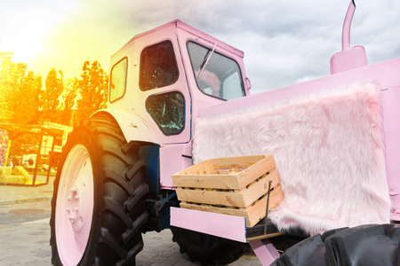 Fancy pink tractor covered with fur blanket, a box of vegetables on it, against the rays of the sun,...