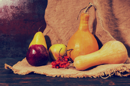 Red apples, pear, rowan and pumpkins lying on linen cloth. Mockup for seasonal offers and holiday post cardの写真素材