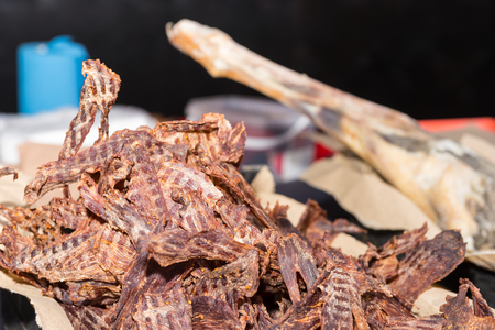 Spicy dried meat in a deep plate. Food and beverages concept.の写真素材