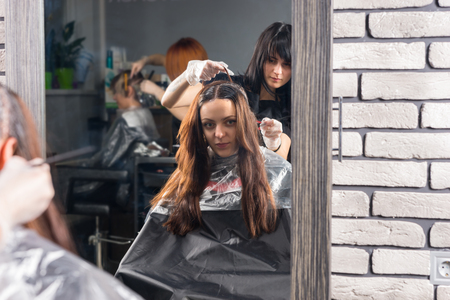 Attractive female hairdresser holds in hand lock of brunette hair during process of dyeing hair of young woman while she is sitting in chair in beauty salonの写真素材