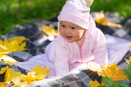 Cute happy little baby girl in a pink outfit playing outdoors in autumn on a rug on the grass surrounded by colorful yellow leavesの写真素材