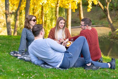 Four young friends relaxing on the grass in a park in autumn chatting and smiling as they celebrate with champagneの写真素材