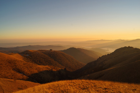 Mountain landscape at sunset aerial view Lake Orta Parco del Mottarone Italyの写真素材