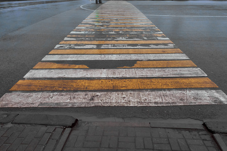 Wiped pedestrian crossing zebra on wet asphaltの写真素材