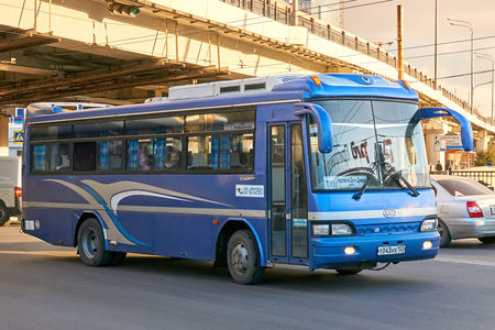 Rostov-on-Don / Russia - January 2018: The shuttle bus moves along the route through the streets of Rostov-on-Donのeditorial素材