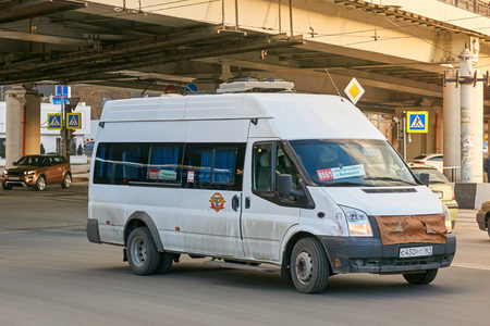 Rostov-on-Don / Russia - January 2018: The shuttle bus moves along the route through the streets of Rostov-on-Donのeditorial素材