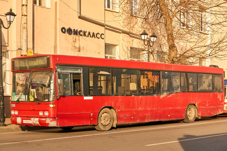 Rostov-on-Don / Russia - January 2018: The Volvo public bus carries people on the streets of a big cityのeditorial素材