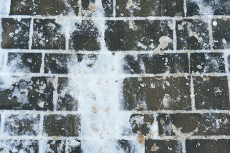 Sidewalk tiles in the winter on a thin layer of snow that melted from the heat of the city's...