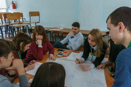 Millerovo/ Rostov region/ Russia - 31 March 2018: Workshop in the city of Millerovo with young schoolchildren and architects are developing a project of a city park and a streetのeditorial素材
