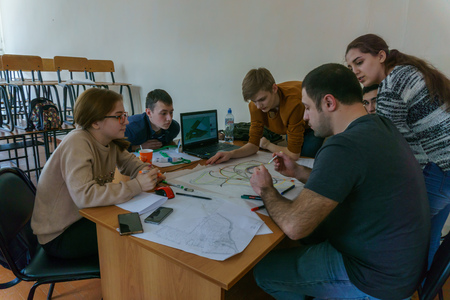 Millerovo/ Rostov region/ Russia - 31 March 2018: Workshop in the city of Millerovo with young schoolchildren and architects are developing a project of a city park and a streetのeditorial素材