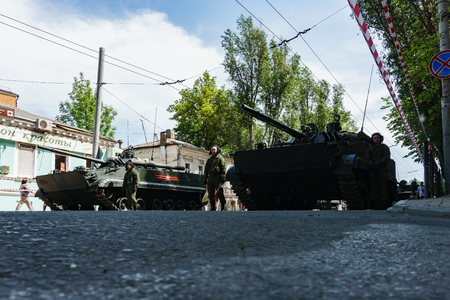 Rostov-on-Don / Russia - May 2018: Parade of real military equipment and soldiers in the streets of the city in honor of victoryのeditorial素材