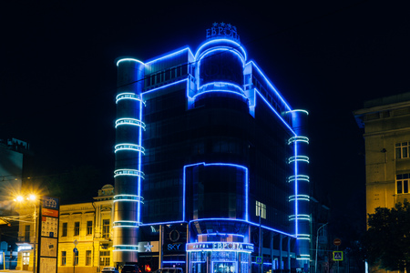 Rostov-on-Don / Russia - May 2018:  Hotel Europe in the center of Rostov-on-Don at night is illuminated by the light of lanterns and signboards on a beautiful facadeのeditorial素材
