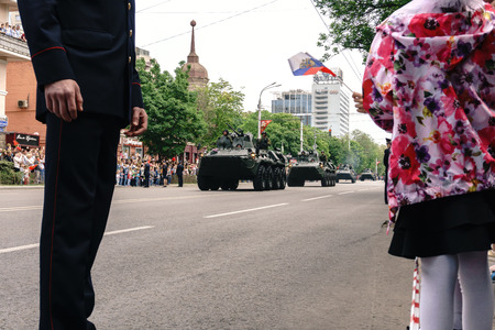 Rostov-on-Don / Russia - 9 May 2018: The military armored personnel carrier BTR 80 drove through the streets in honor of the Victory Day Victory Day on May 9, 1945のeditorial素材