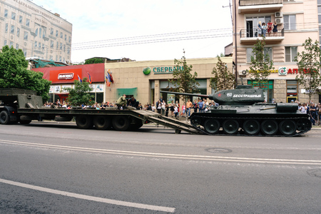 Rostov-on-Don / Russia - 9 May 2018: Military equipment drove through the streets of the city in honor of the Victory Day Victory Day on May 9, 1945, this is observed by a lot of peopleのeditorial素材