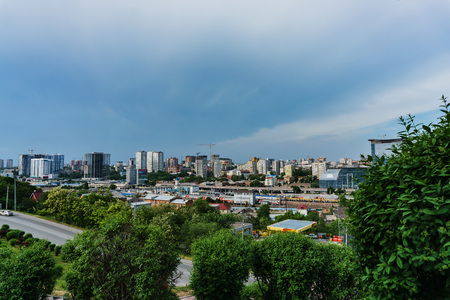 Rostov-on-Don / Russia - May 2018: Panoramic view from the observation deck to the city center, high new houses and construction sites in Rostov-on-Don のeditorial素材