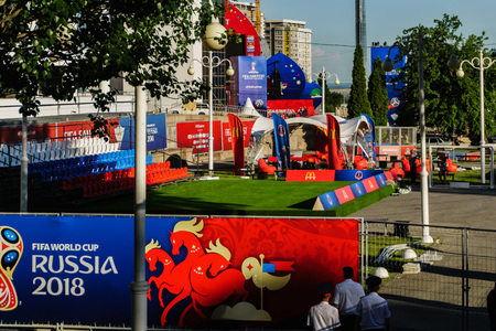 Rostov-on-Don / Russia - June 2018: A special equipped venue for the fans' festival during the 2018 FIFA World Cup in Russia on the central square of the cityのeditorial素材