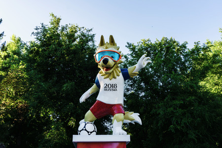 Rostov-on-Don / Russia - June 2018: The big official mascot of the World Cup 2018 wolf Zabivaka stands on a pedestal in the central city parkのeditorial素材