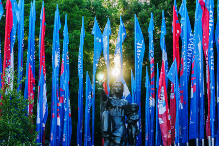 Rostov-on-Don / Russia - June 2018: Narrow high flags with the symbols of the World Cup on the square in the center of the city on a sunny hot day before the start of the 2018 FIFA World Cupのeditorial素材