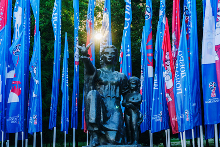 Rostov-on-Don / Russia - June 2018: Narrow high flags with the symbols of the World Cup on the square in the center of the city on a sunny hot day before the start of the 2018 FIFA World Cupのeditorial素材