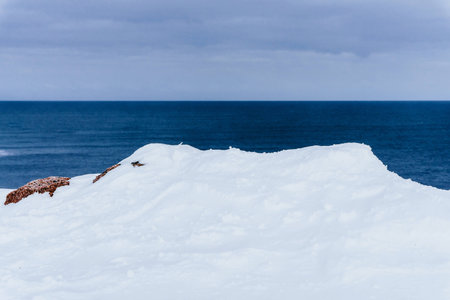 High red rocks rise above the snow-covered coast of the sea in winter in spooky cold and strong wind during an expedition to the Arcticの写真素材