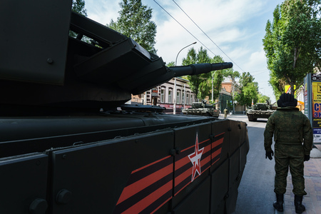 Rostov-on-Don / Russia - May 2018: Parade of real military equipment and soldiers in the streets of...
