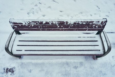 A bench from a tree on alleys for a rest of people in the winter under a layer of snow