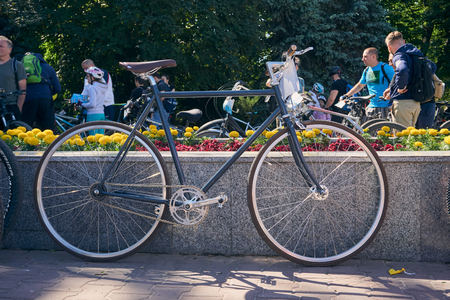 Rostov-on-Don / Russia - may 2018:  people with different bikes gather in central park in front of the annual city cycling parade on a warm sunny spring dayのeditorial素材