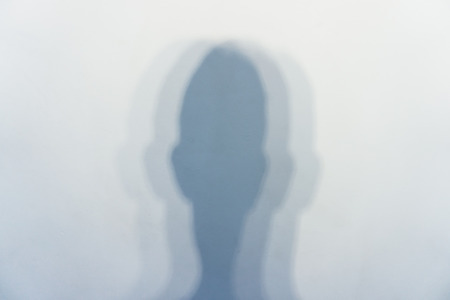 because of several light sources, a vague shadow from a human head on a white wall in a bright room