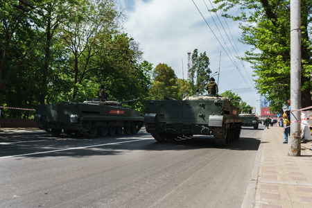 Rostov-on-Don / Russia - May 2018: Parade of real military equipment and soldiers in the streets of the city in honor of victoryのeditorial素材