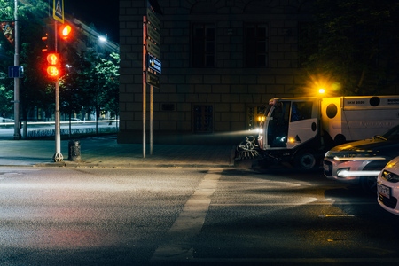 Rostov-on-Don / Russia - May 2018:  The streets of Rostov-on-Don at night in the light of headlights...