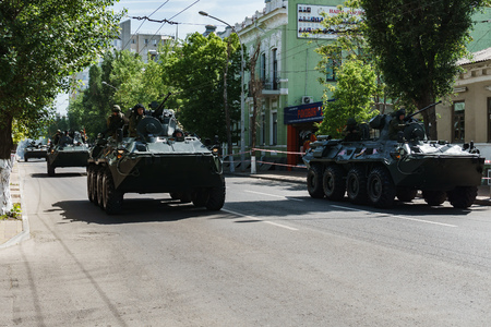 Rostov-on-Don / Russia - May 2018: Parade of real military equipment and soldiers in the streets of...