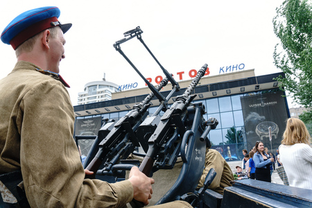 Rostov-on-Don / Russia - 9 May 2018: People in the old military uniform of 1945 on cars from the times of World War II celebrate victory in the Great Patriotic War in the city squareのeditorial素材