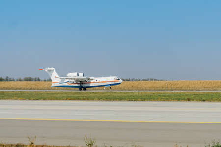 Rostov-on-Don, Platov Airport / Russia - 04 October 2019: Russian emergencies Ministry's be-200 amphibious aircraft during training flights at the airportのeditorial素材