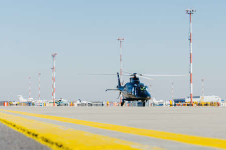 Rostov-on-Don, Platov Airport / Russia - 04 October 2019: A small private helicopter landing at the airport Platov during the official spottingのeditorial素材