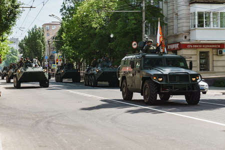 Rostov-on-Don / Russia - May 2018: Parade of real military equipment and soldiers in the streets of...