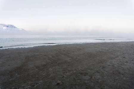 the low tide in the North sea in winter on a frosty day exposed the bottom with sand and iceの写真素材